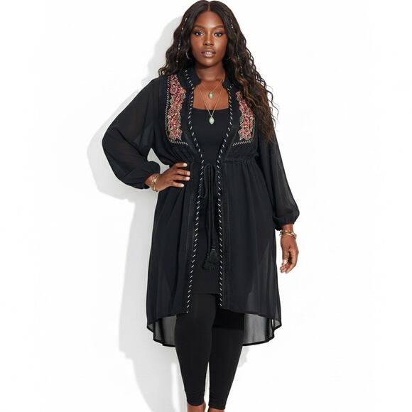 Cato Embroidered Boho Sheer Cardigan Womens 18W Black Tassel Duster Boho Tribal - Picture 1 of 8